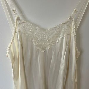 Vintage nightgown cream satin with embroidered lace trim, size medium